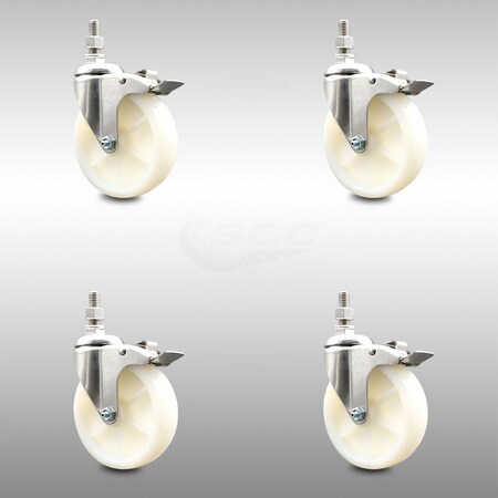 Service Caster 5 Inch 316SS Nylon Wheel Swivel 1/2 Inch Threaded Stem Caster Set Lock Brake SCC SCC-SS316TSTTL20S514-NYS-121315-4